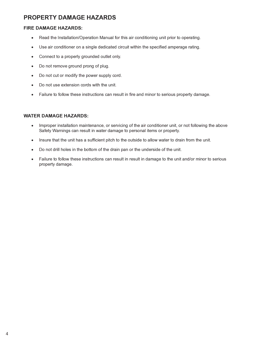 Friedrich 2008, 2009 service manual Property Damage Hazards 