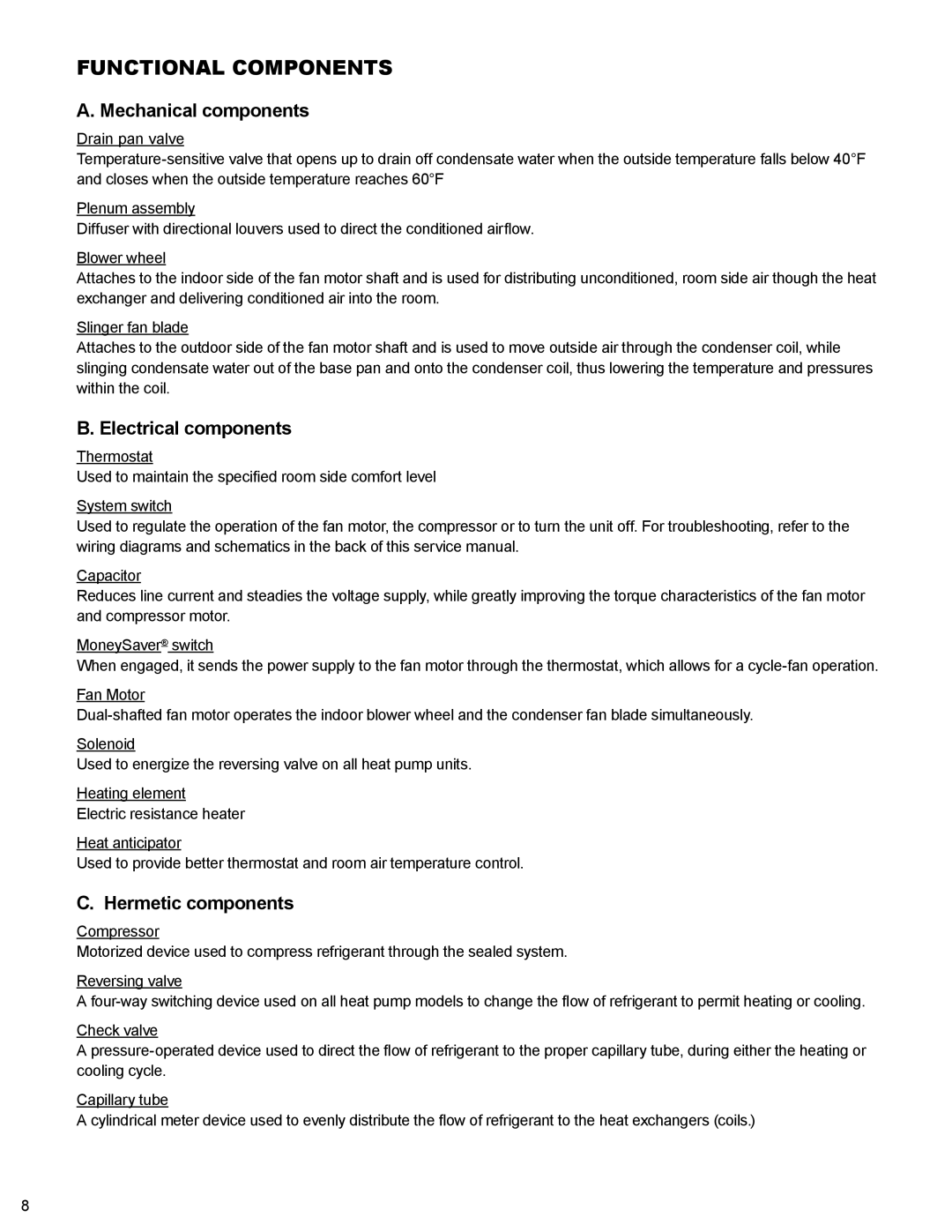 Friedrich 2008, 2009 service manual Functional Components 