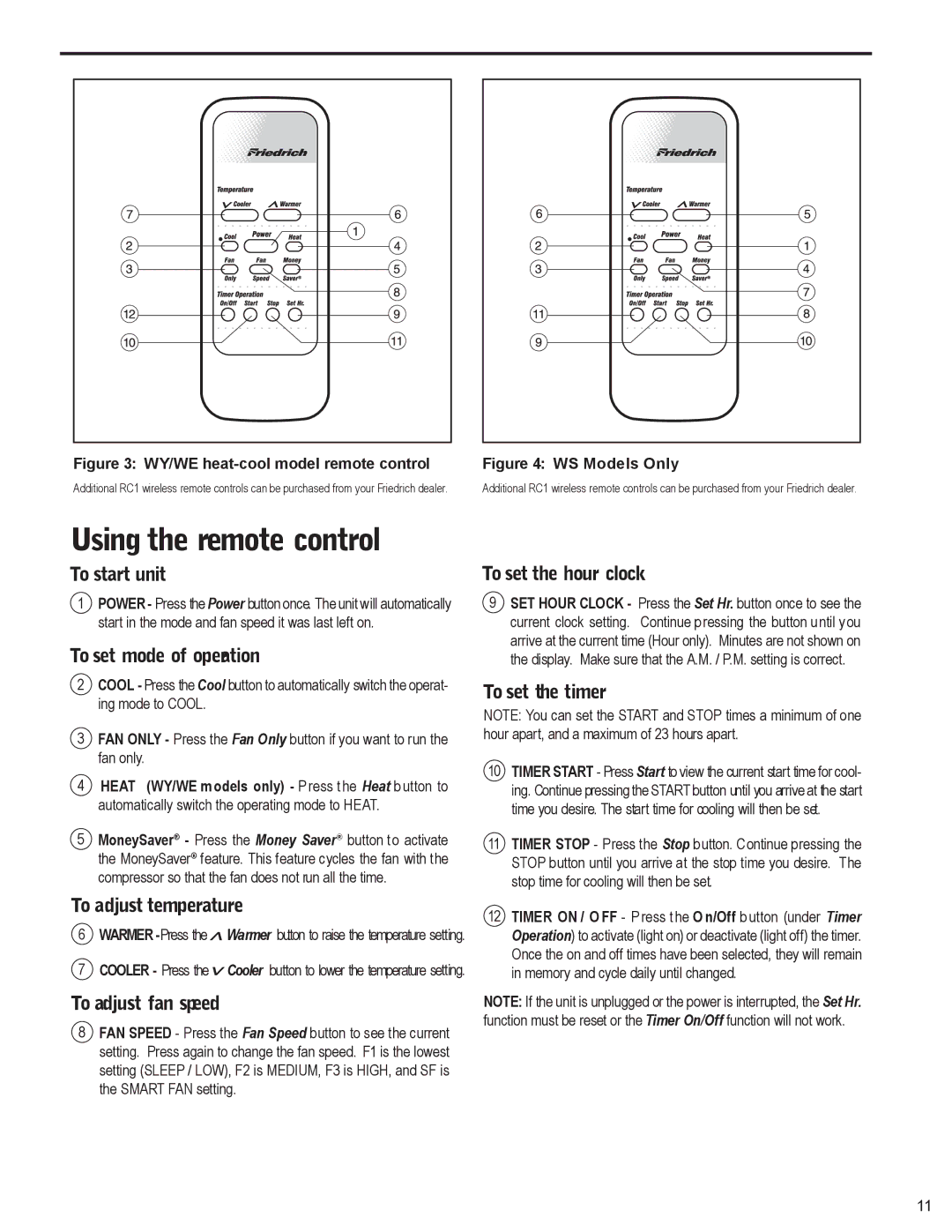 Friedrich 2009, 2008 service manual Using the remote control 