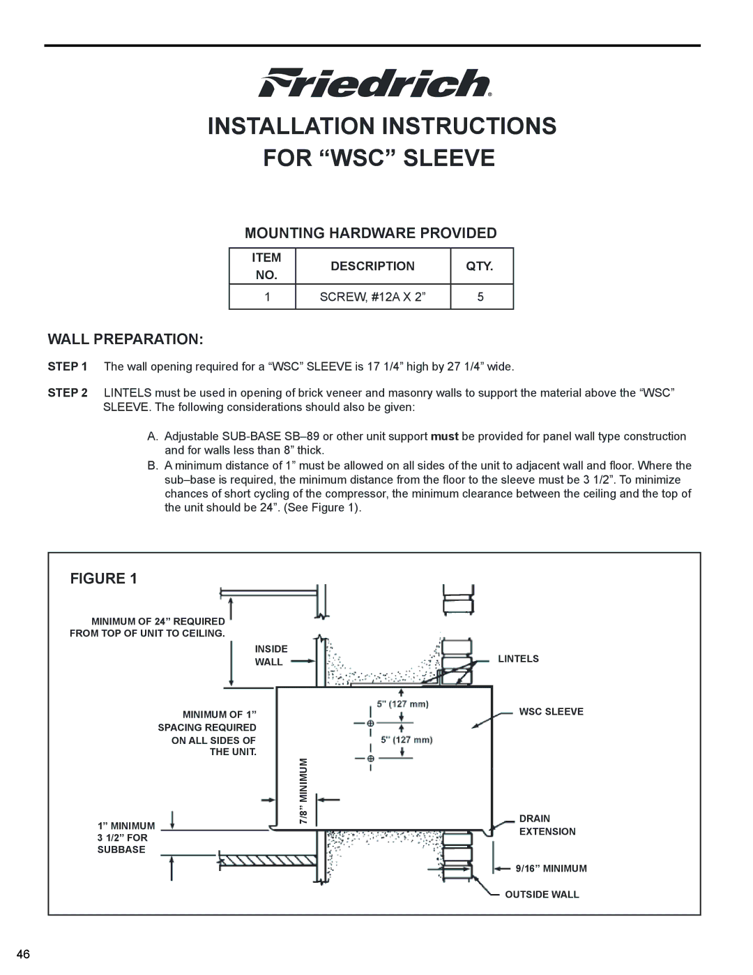 Friedrich 2008, 2009 service manual Mounting Hardware Provided, Wall Preparation, Description QTY 