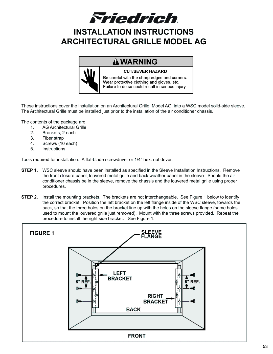 Friedrich 2009, 2008 service manual MECHANICALCUT/SEVER Hazard 