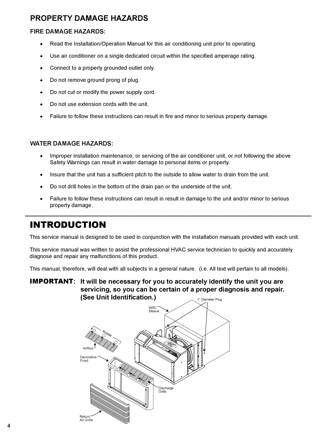 Friedrich 2008, 2009 service manual Introduction, Property Damage Hazards 