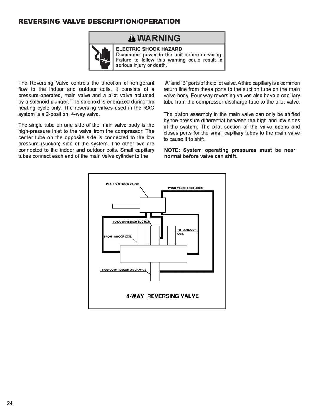 Friedrich 2008, 2009 service manual Reversing Valve Description/Operation, Electric Shock Hazard 