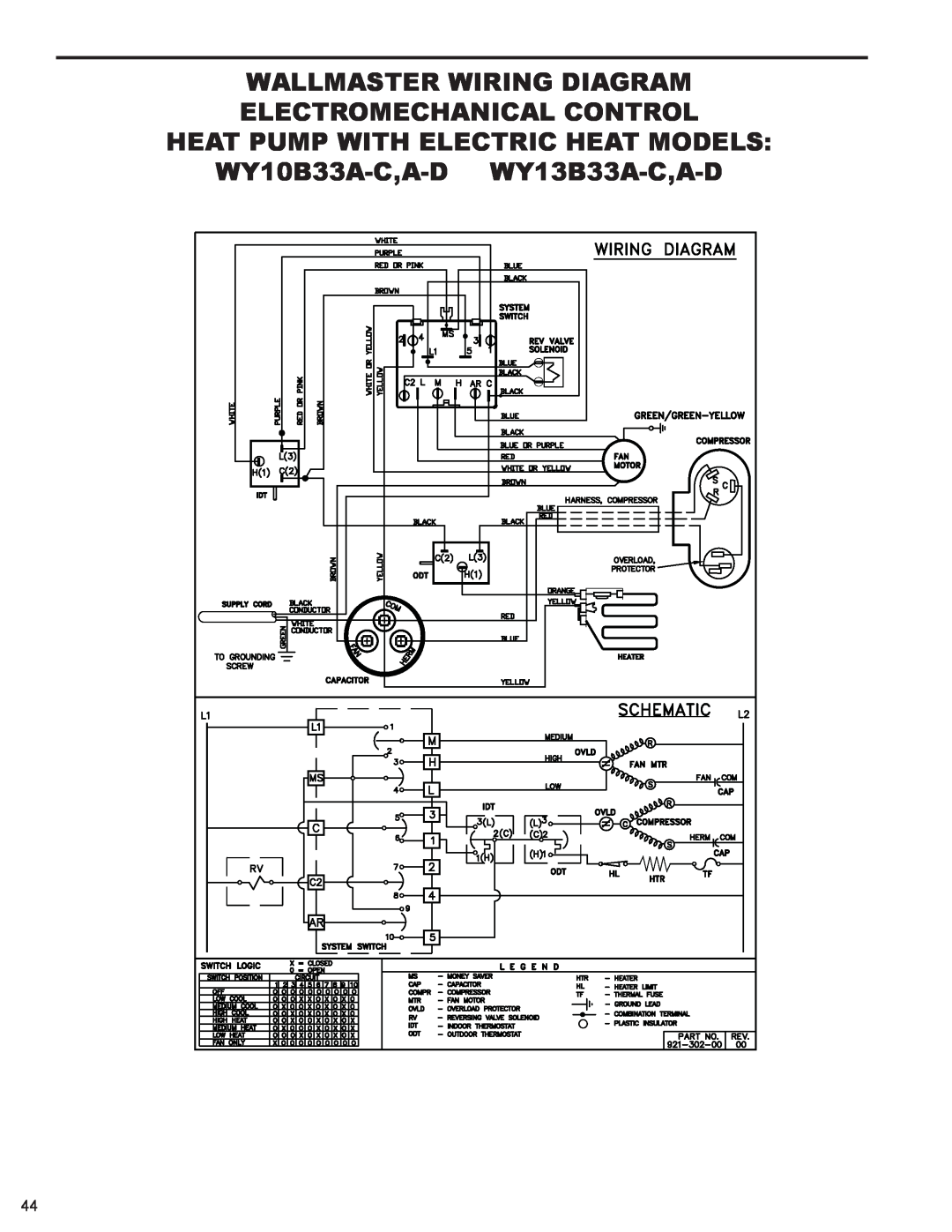 Friedrich 2008, 2009 service manual WY10B33A-C,A-D WY13B33A-C,A-D, Wallmaster Wiring Diagram, Electromechanical Control 