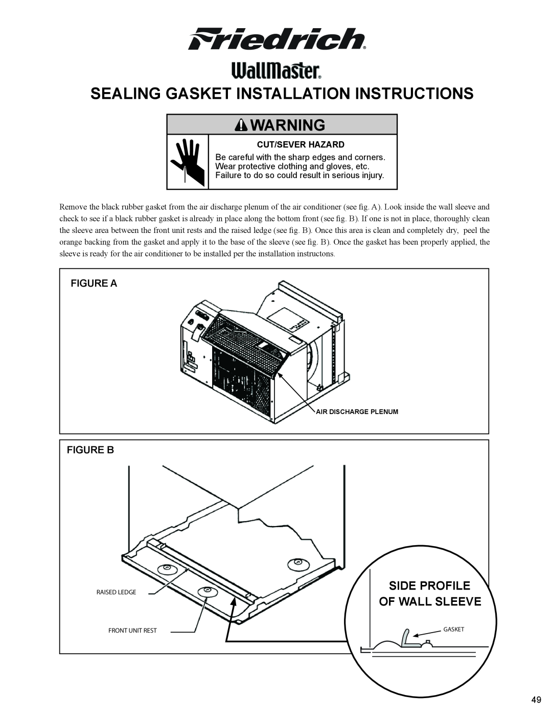 Friedrich 2009, 2008 Sealing Gasket Installation Instructions, Side Profile Of Wall Sleeve, Figure A, Figure B 
