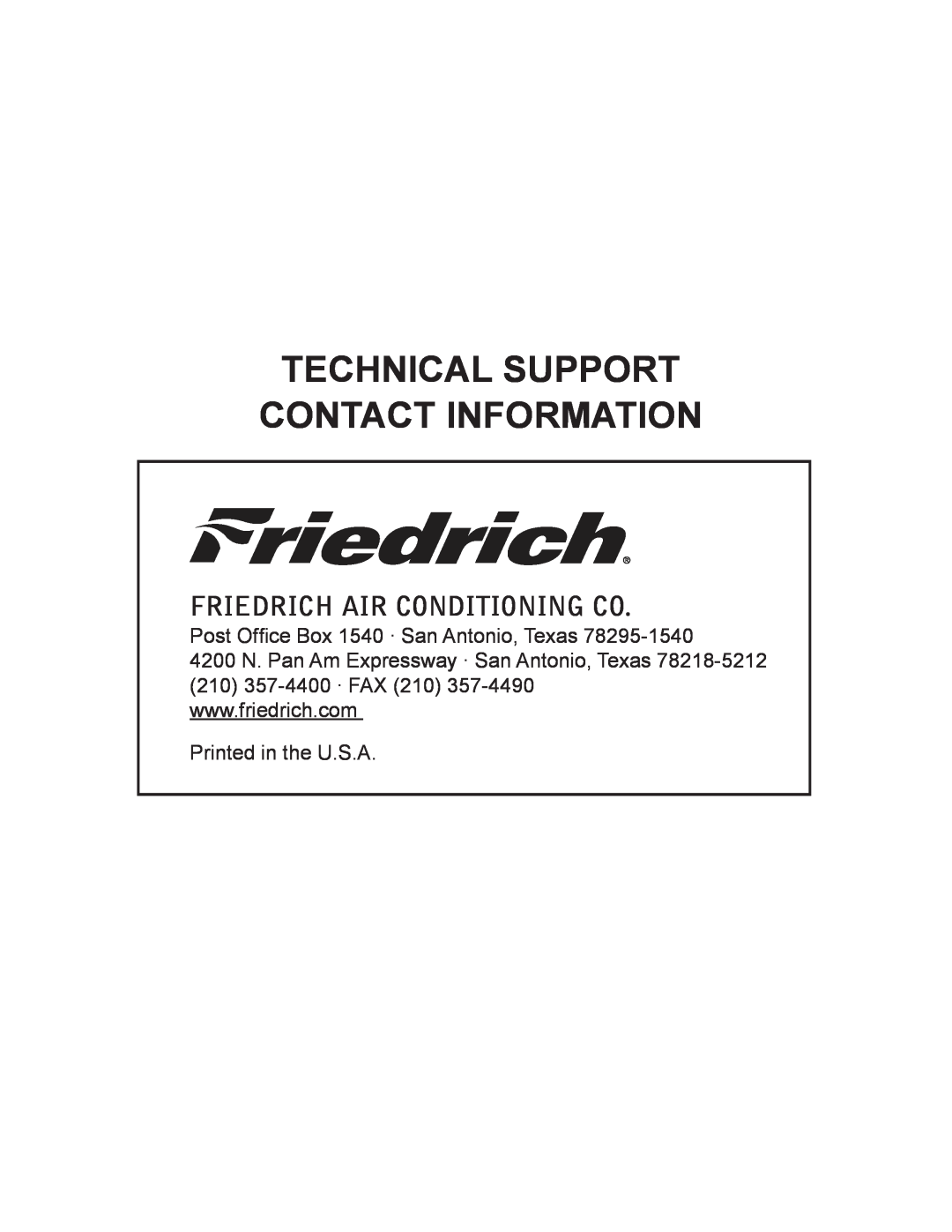 Friedrich 2009, 2008 service manual Technical Support Contact Information, Friedrich Air Conditioning Co 