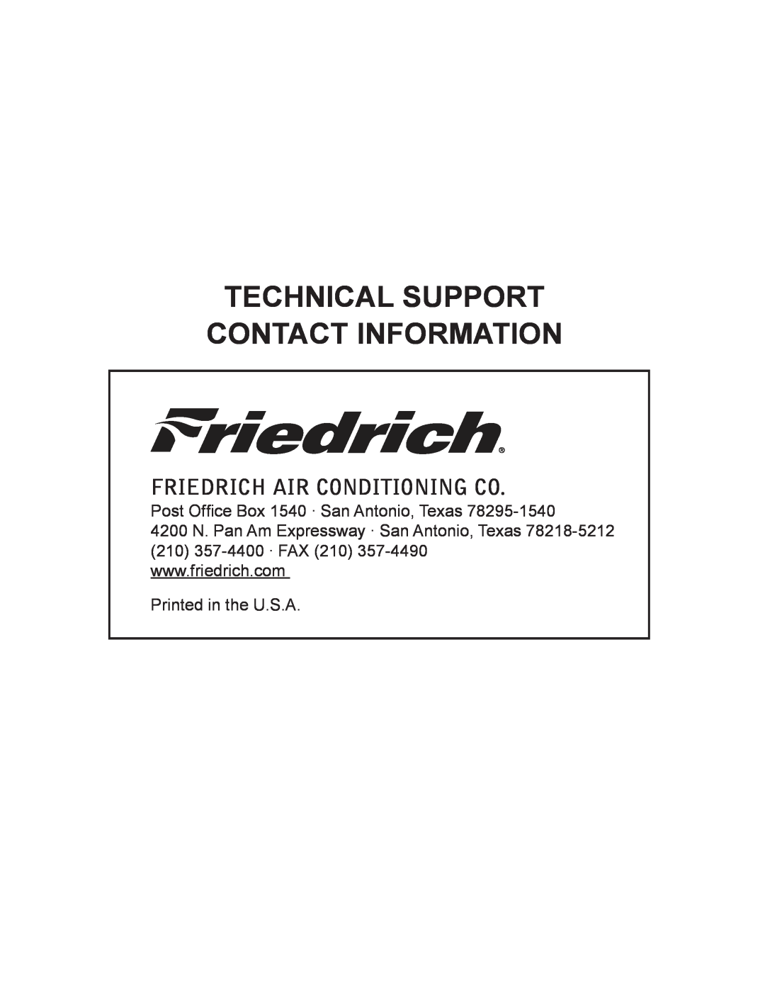 Friedrich 2008, 2009 service manual Technical Support Contact Information, Friedrich Air Conditioning Co 