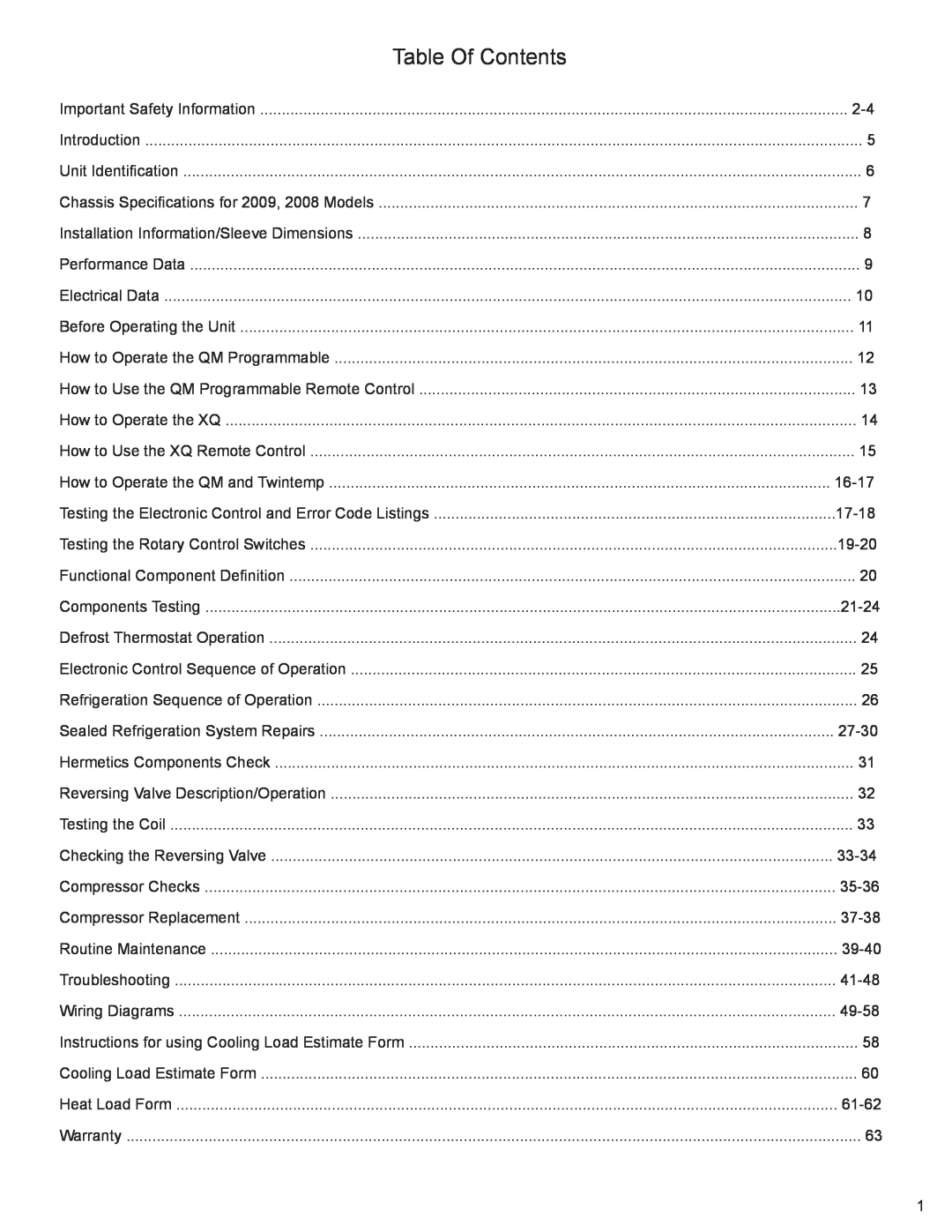 Friedrich 2009, 2008 service manual Table Of Contents 