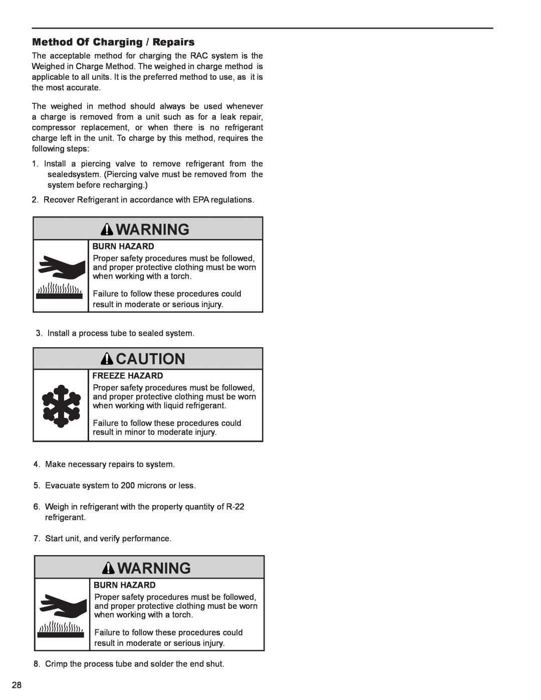 Friedrich 2008, 2009 service manual Method Of Charging / Repairs, Burn Hazard, Freeze Hazard 