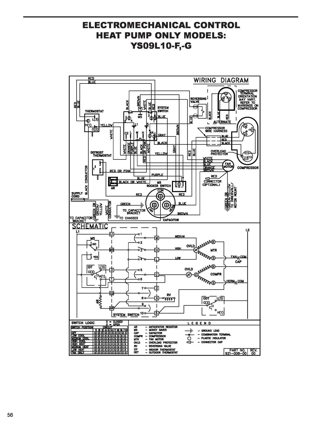 Friedrich 2008, 2009 service manual Electromechanical Control Heat Pump Only Models, YS09L10-F,-G 