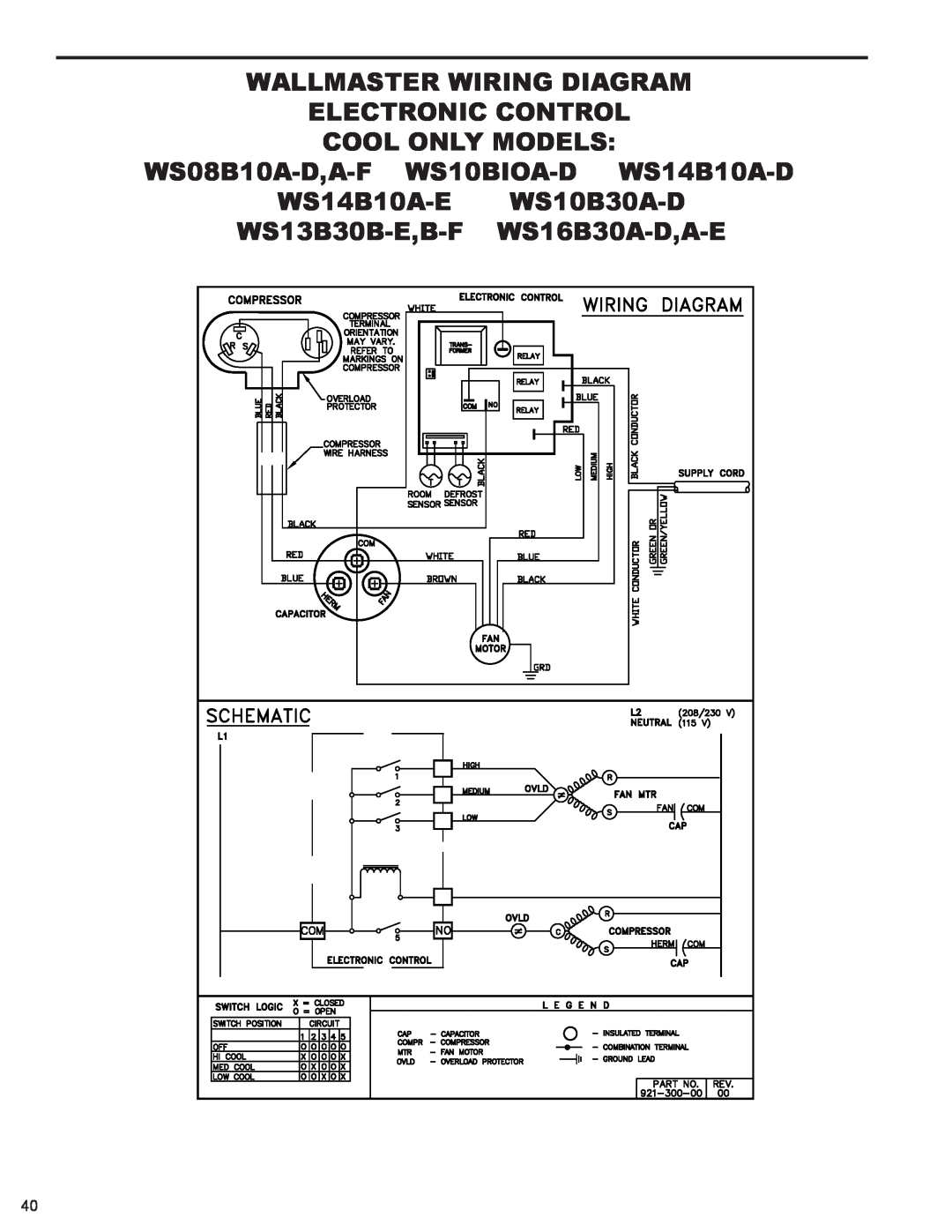 Friedrich 2008, 2009 Wallmaster Wiring Diagram Electronic Control, Cool Only Models, WS08B10A-D,A-F WS10BIOA-D WS14B10A-D 