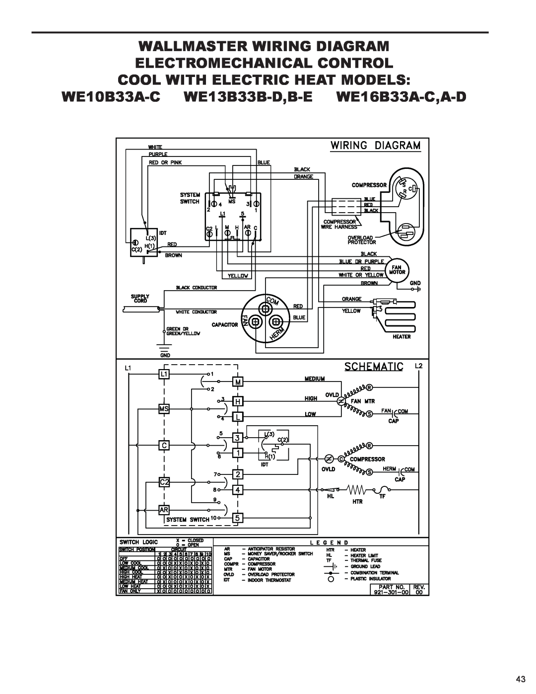 Friedrich 2009, 2008 Wallmaster Wiring Diagram, Electromechanical Control, WE10B33A-C WE13B33B-D,B-E WE16B33A-C,A-D 