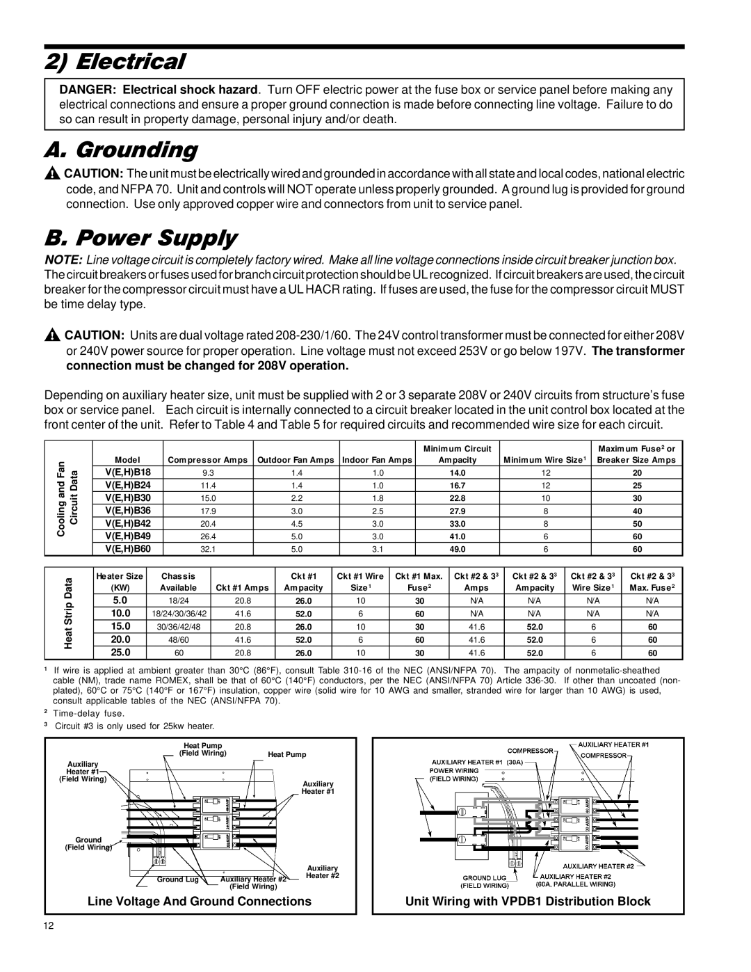 Friedrich 36, 24, 60, 18, 49, 42, 30, 000 operation manual Electrical Grounding Power Supply, Cooling and Fan 