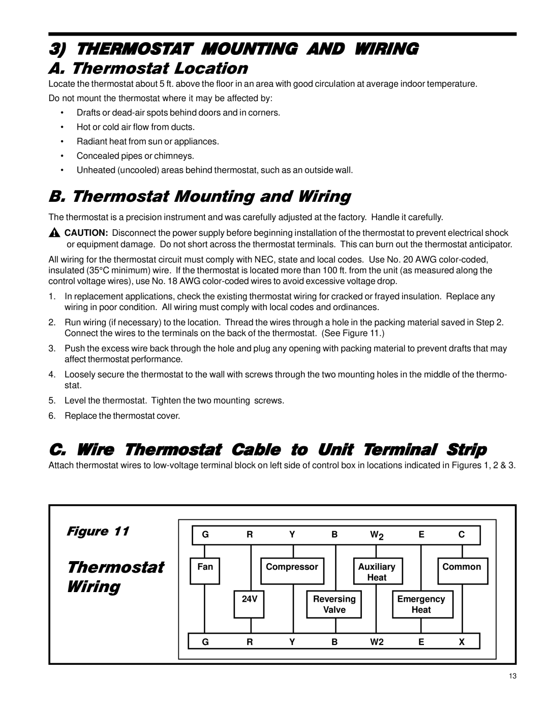 Friedrich 42, 24, 60, 18 Thermostat Mounting and Wiring A. Thermostat Location, Wire Thermostat Cable to Unit Terminal Strip 