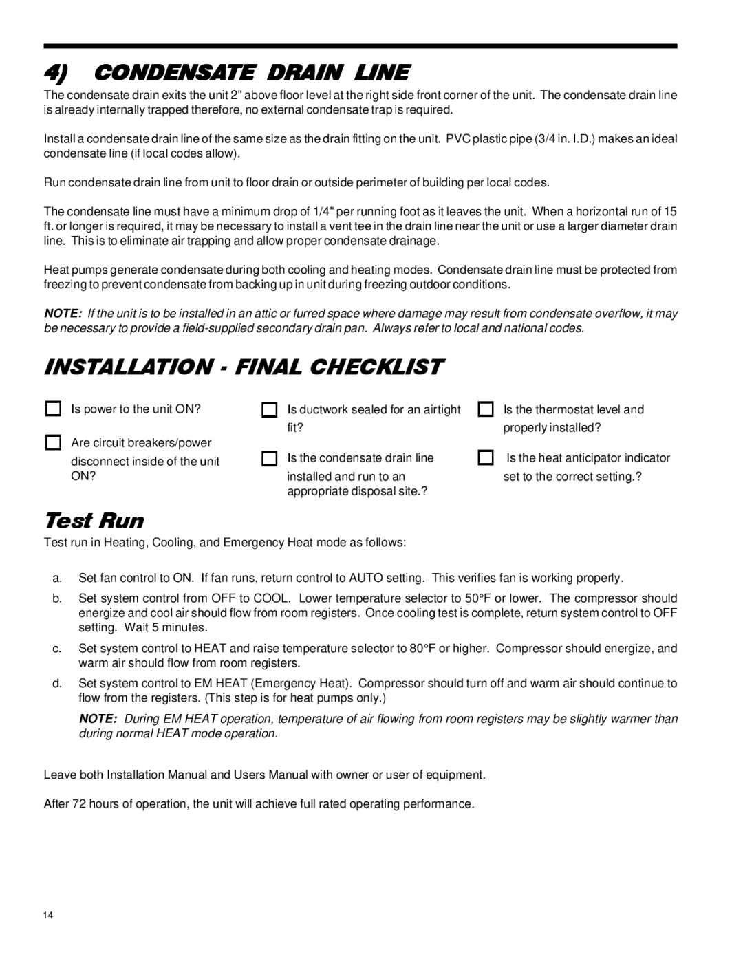 Friedrich 30, 24, 60, 18, 49, 36, 42, 000 operation manual Installation Final Checklist, Test Run 