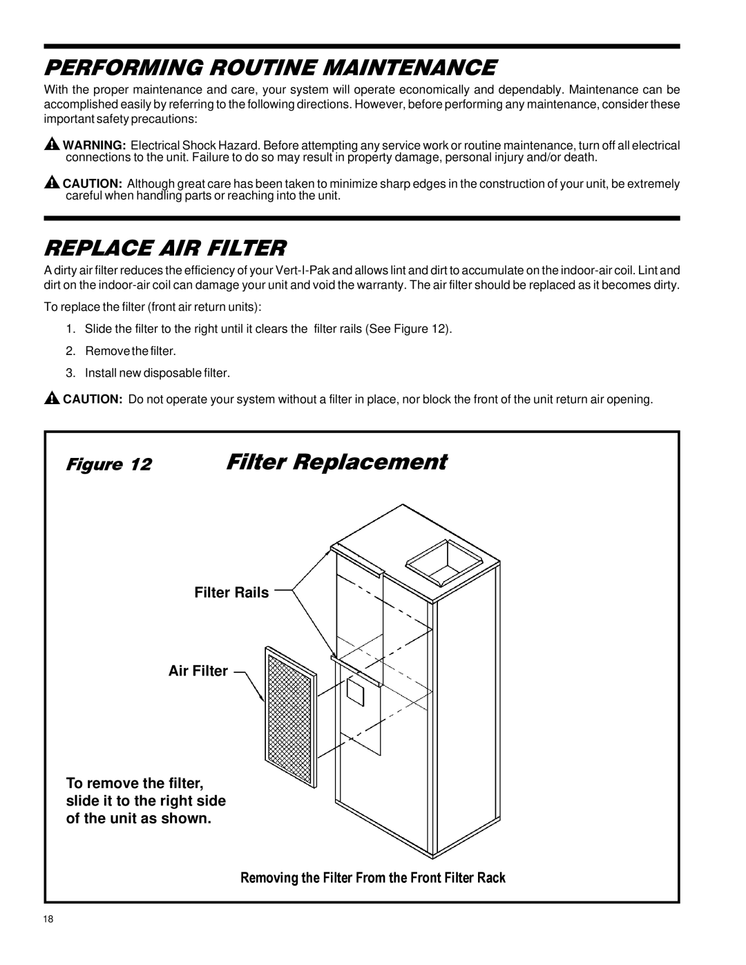 Friedrich 18, 24, 60, 49, 36, 42, 30, 000 operation manual Performing Routine Maintenance, Replace AIR Filter 