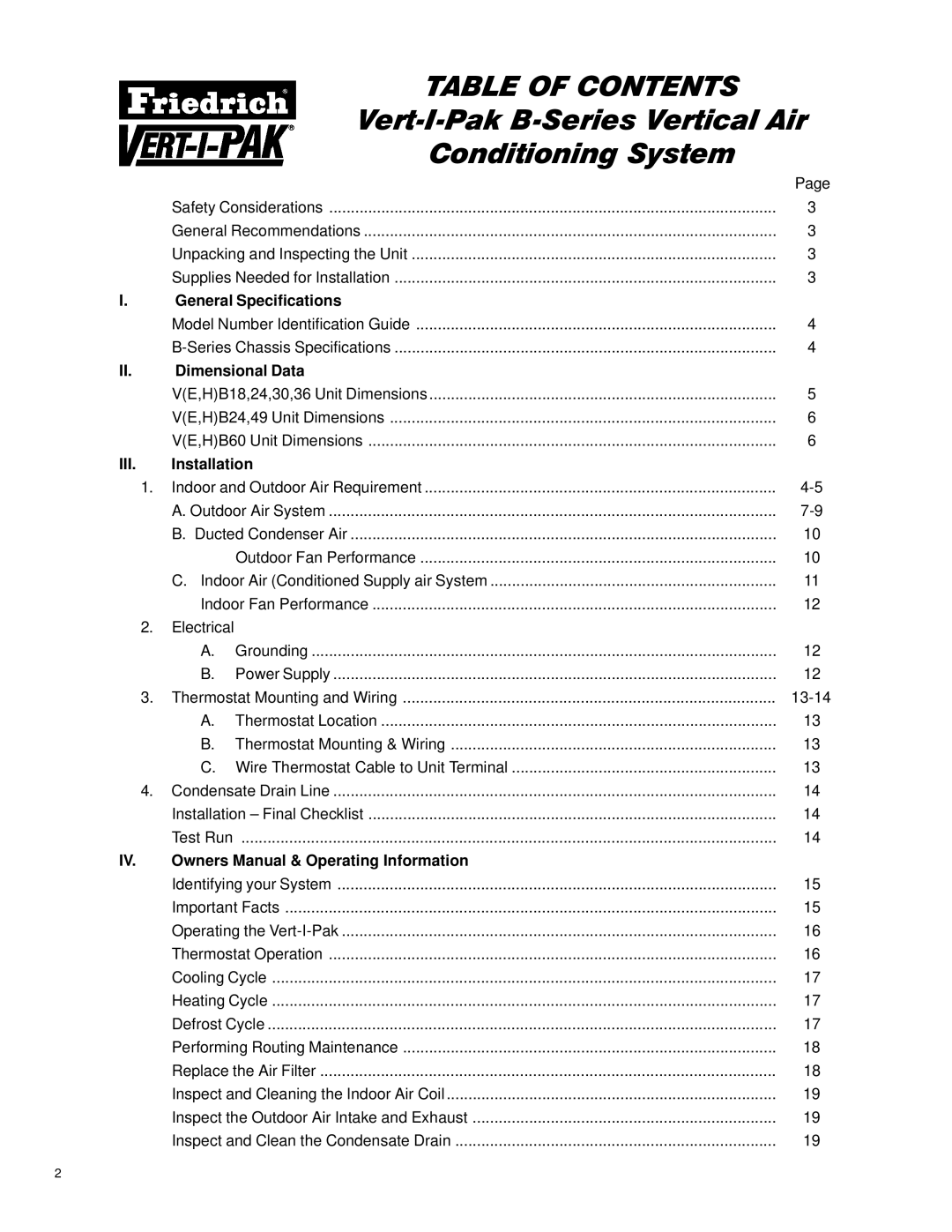 Friedrich 18, 24, 60, 49, 36, 42, 30, 000 operation manual Table of Contents 