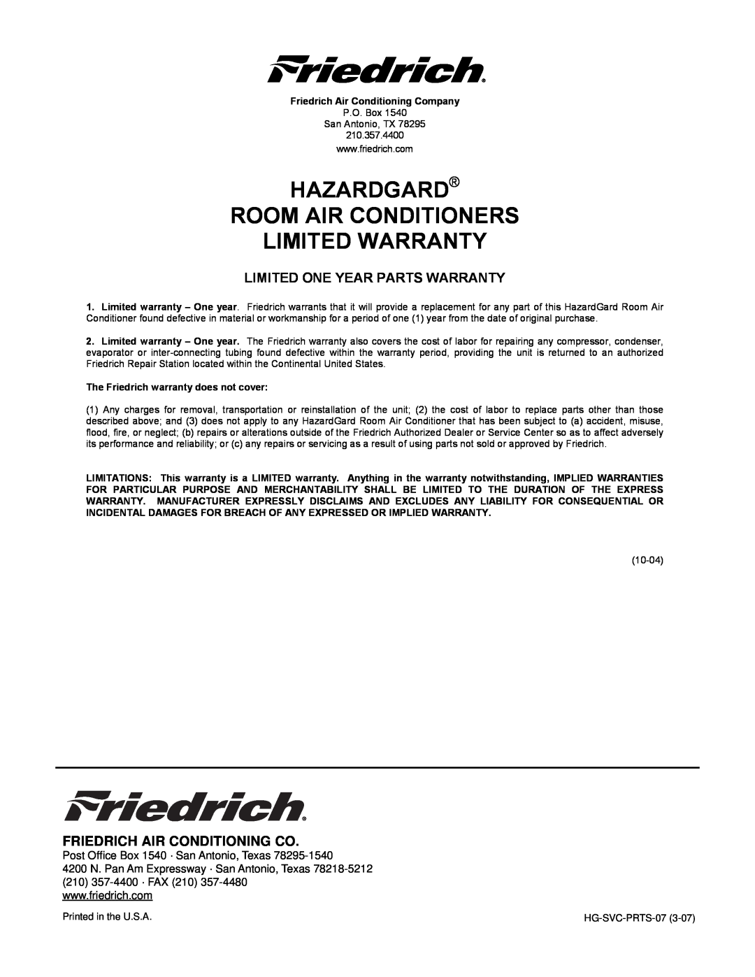 Friedrich 60 Hz manual Hazardgard Room Air Conditioners Limited Warranty, Limited One Year Parts Warranty 