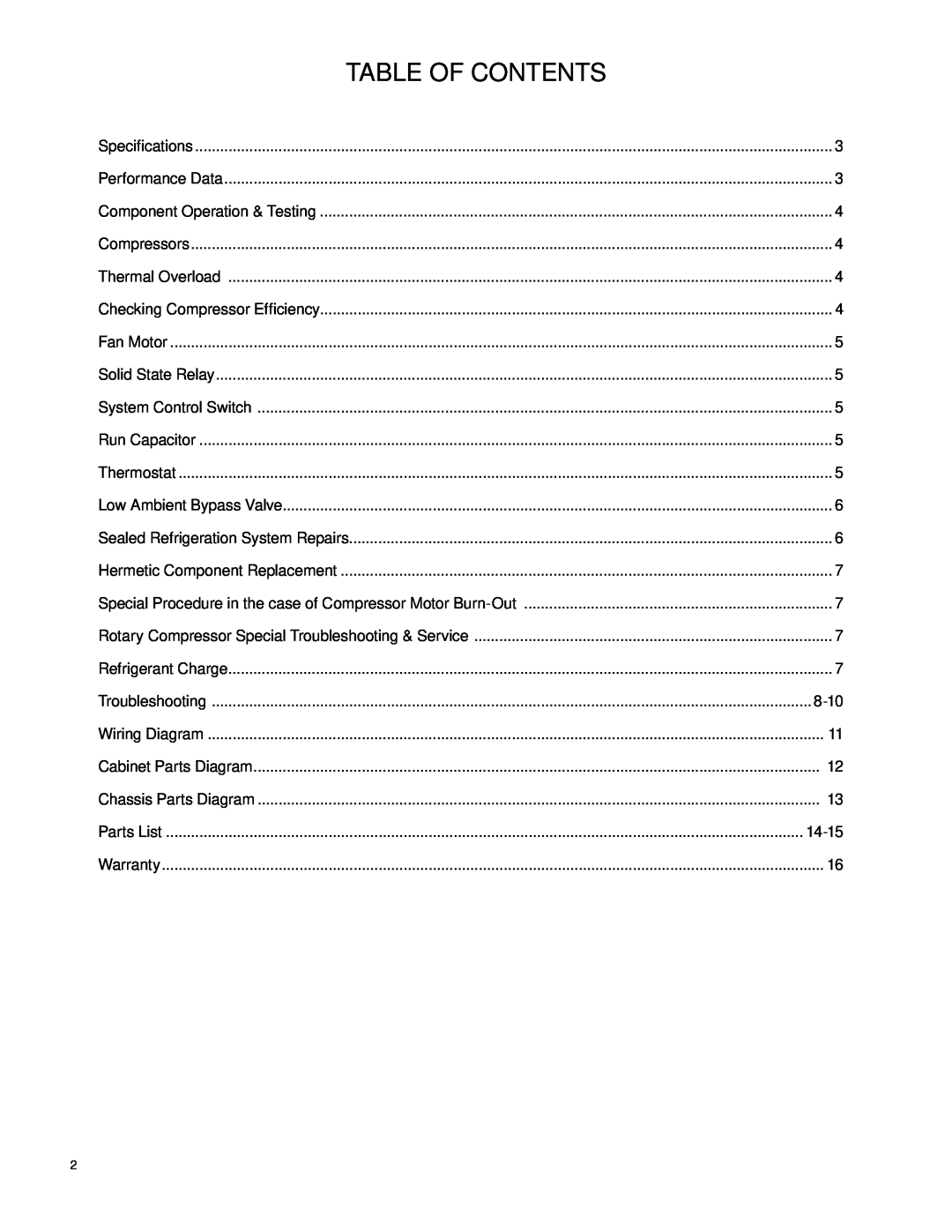 Friedrich 60 Hz manual Table Of Contents 