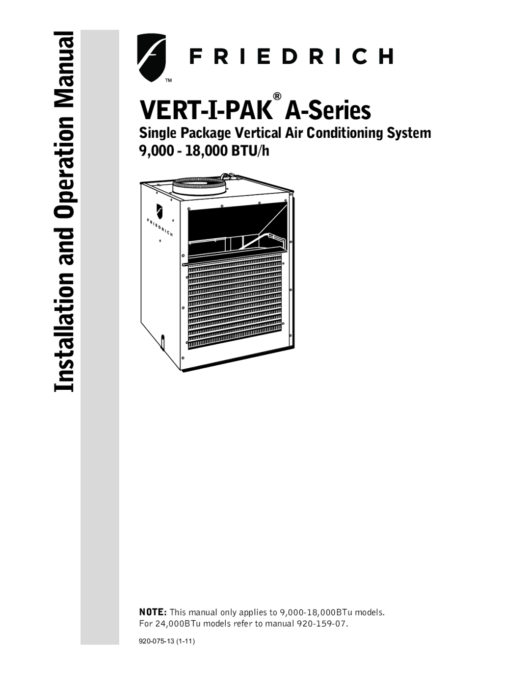 Friedrich 920-075-13 (1-11) operation manual VERT-I-PAKA-Series 