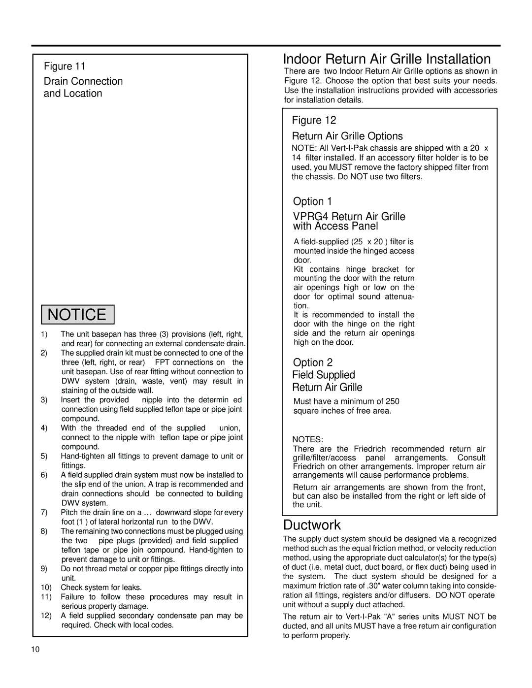 Friedrich 920-075-13 (1-11) operation manual Indoor Return AIR Grille Installation, Ductwork, Drain Connection Location 