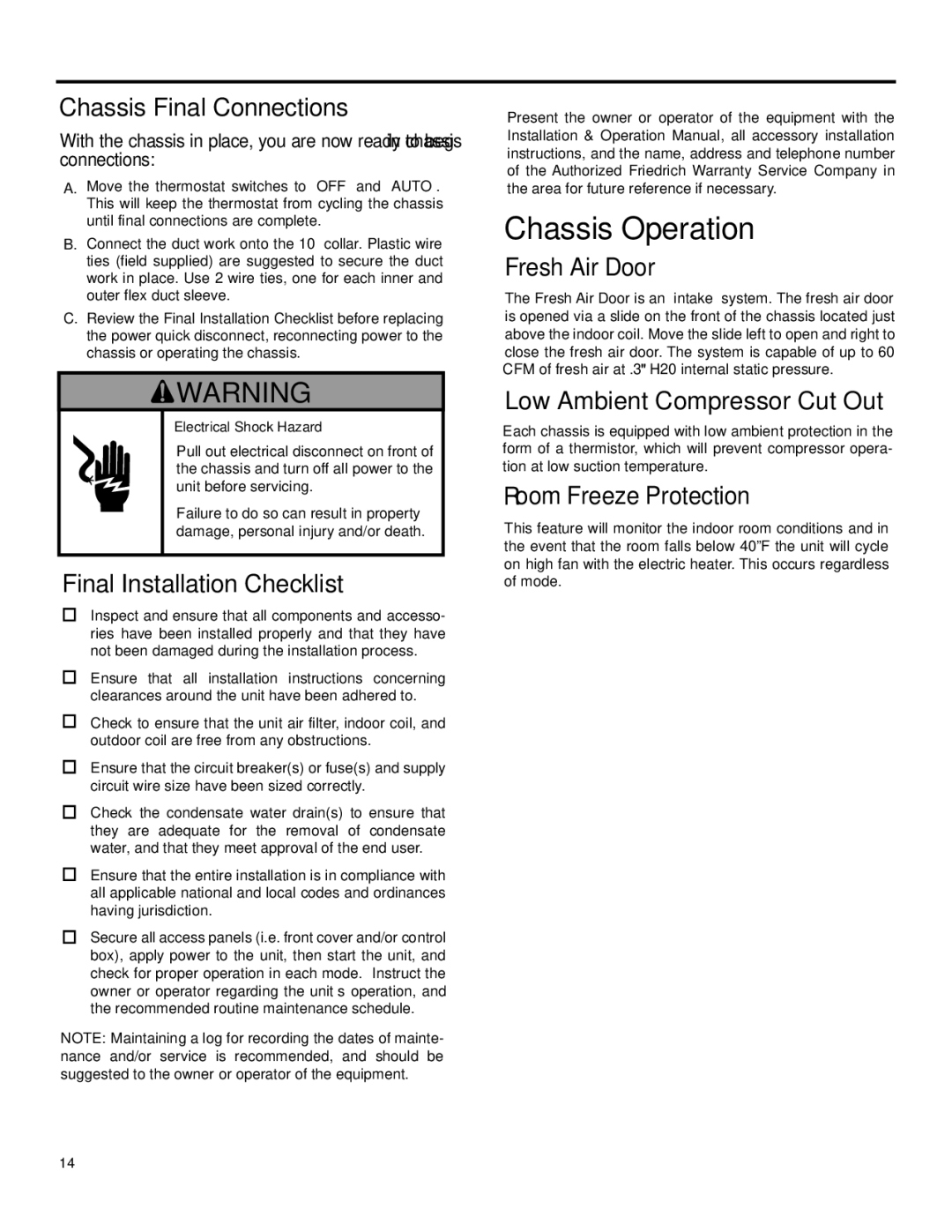 Friedrich 920-075-13 (1-11) operation manual Chassis Operation 