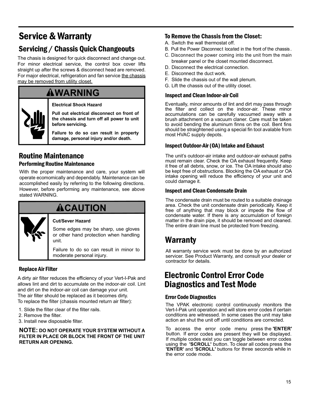 Friedrich 920-075-13 (1-11) operation manual Service & Warranty, Servicing / Chassis Quick Changeouts, Routine Maintenance 