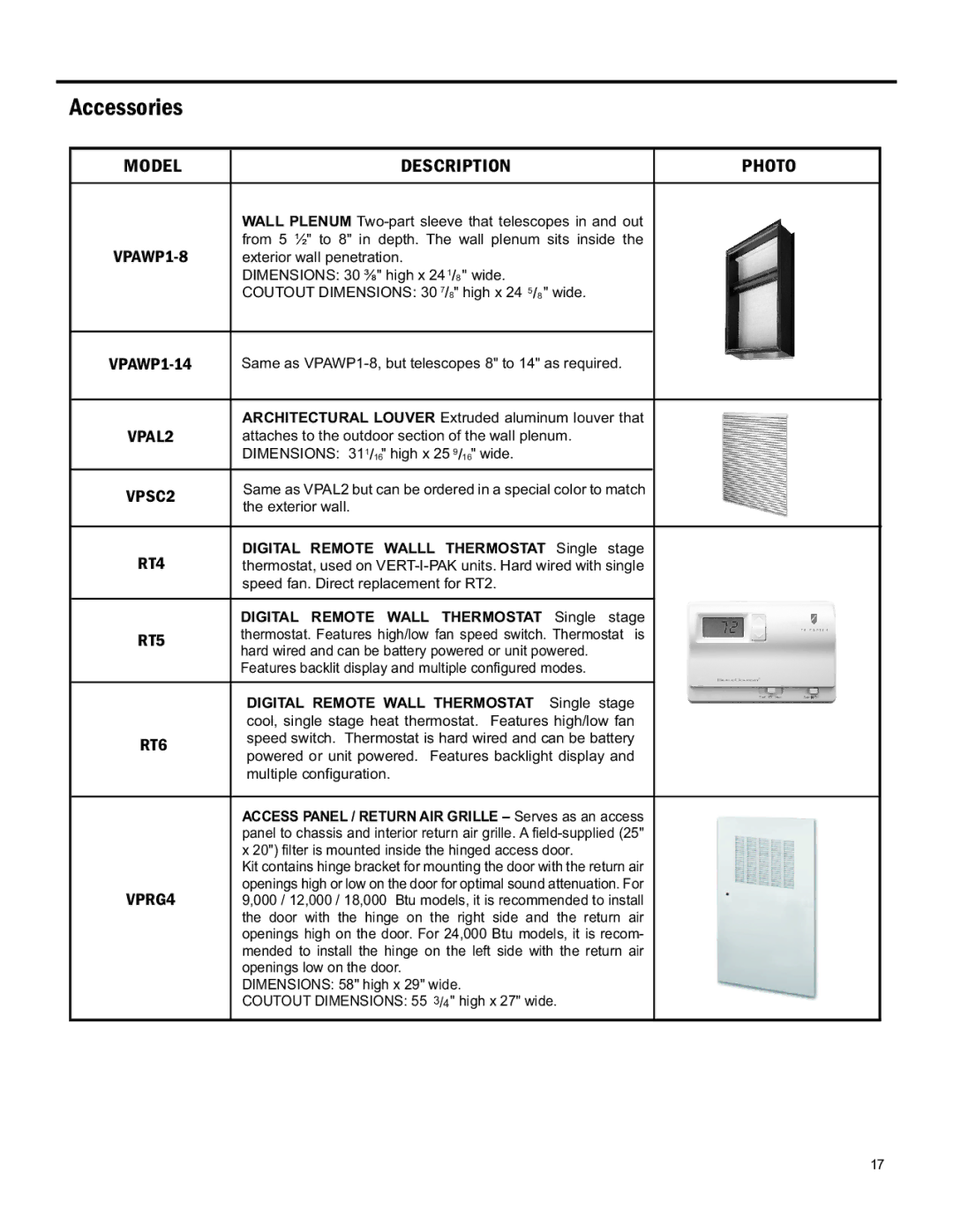 Friedrich 920-075-13 (1-11) operation manual Accessories, VPAWP1-8, VPAWP1-14, VPAL2, VPSC2, RT4, RT5, RT6, VPRG4 