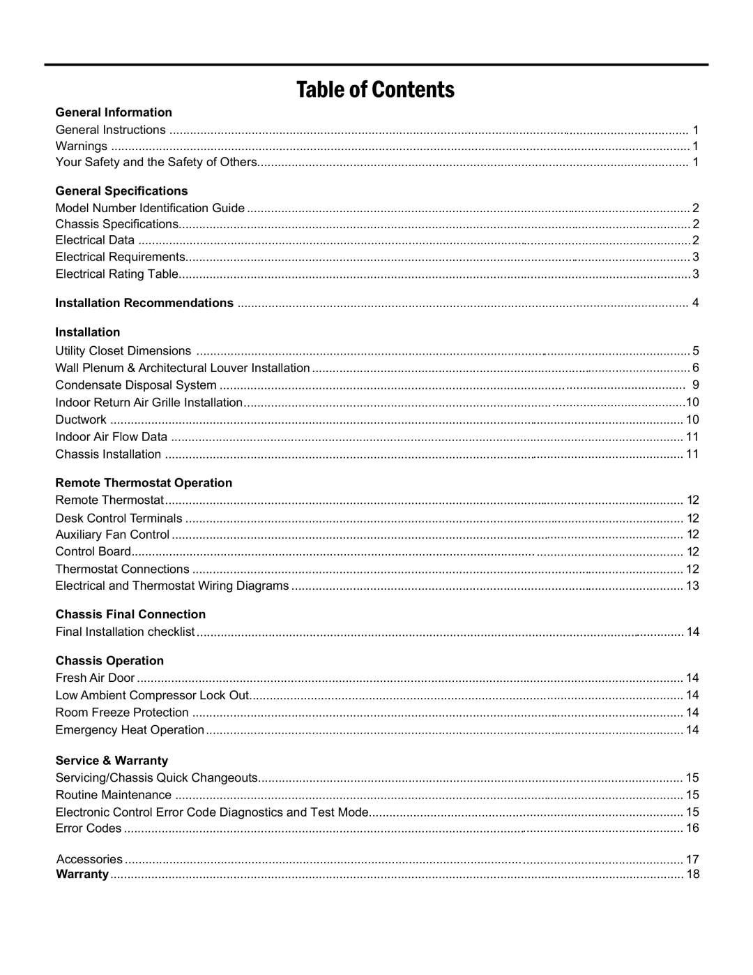 Friedrich 920-075-13 (1-11) operation manual Table of Contents 