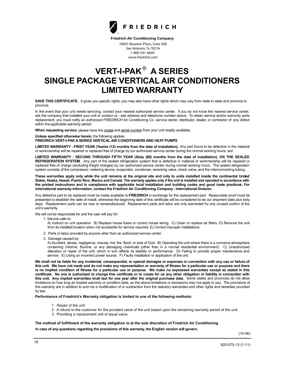 Friedrich 920-075-13 (1-11) Reunion PLACE, Suite, Repair of the Unit, Providing a Replacement Unit of Equal Value 