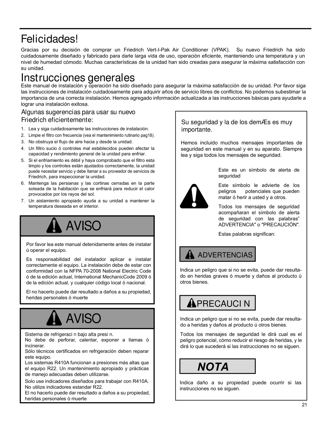 Friedrich 920-075-13 (1-11) operation manual Sistema de refrigeración bajo alta presión 