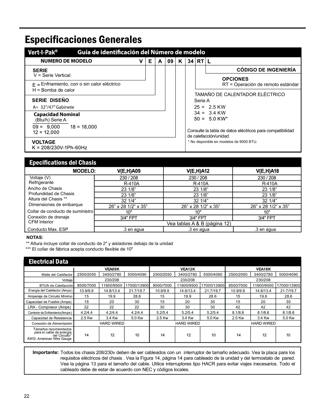 Friedrich 920-075-13 (1-11) operation manual Capacidad Nominal, ENFRIAMIENTO, CON O SIN Calor Eléctrico, BTU/H Serie a 