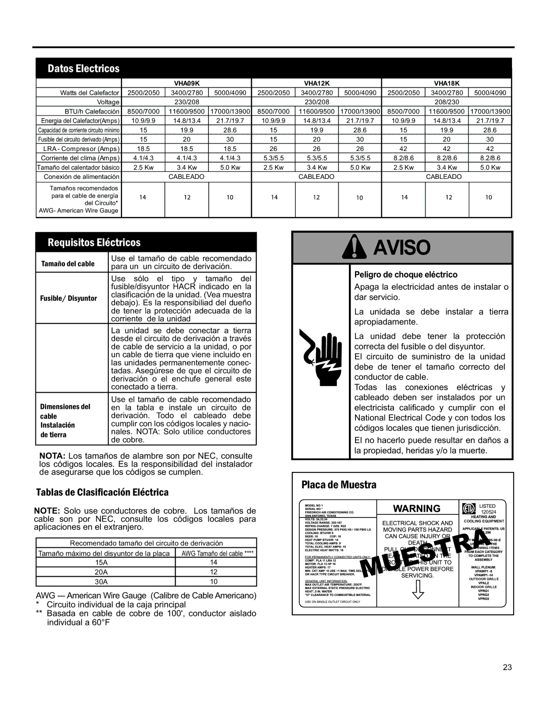 Friedrich 920-075-13 (1-11) Peligro de choque eléctrico, Conductor DE Cable Todas LAS Conexiones Eléctricas Y 