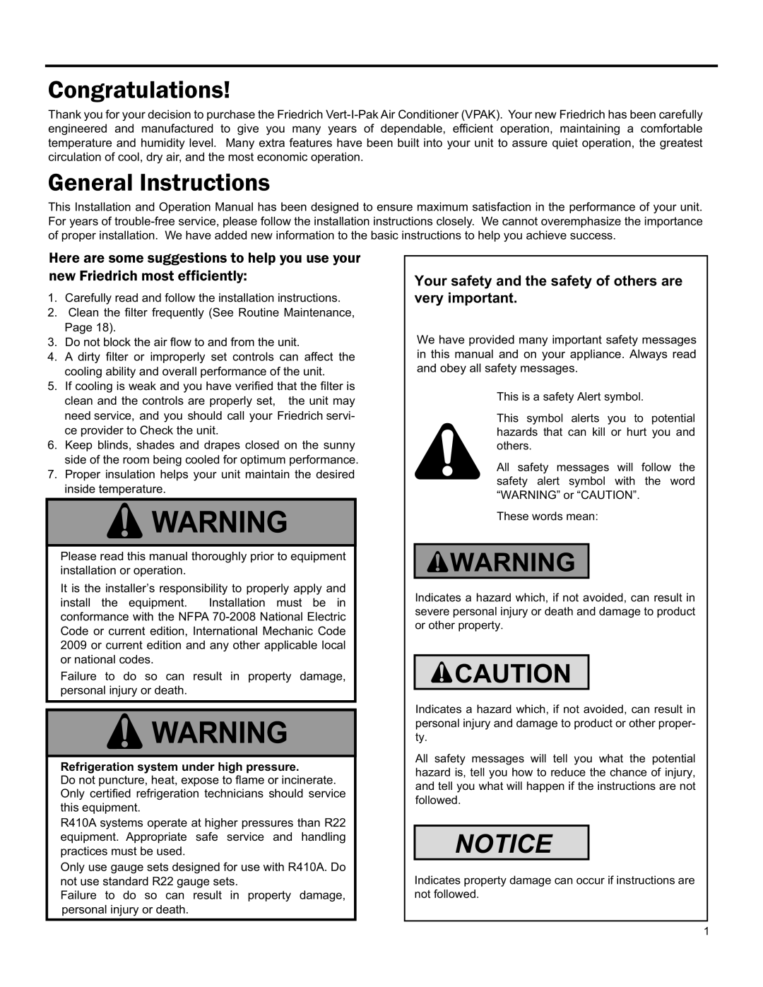 Friedrich 920-075-13 (1-11) operation manual Refrigeration system under high pressure 