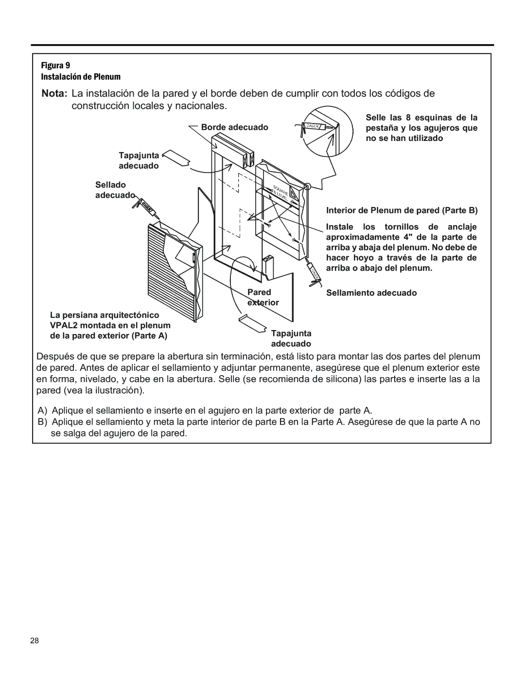 Friedrich 920-075-13 (1-11) operation manual Exterior Tapajunta adecuado, Sellamiento adecuado 