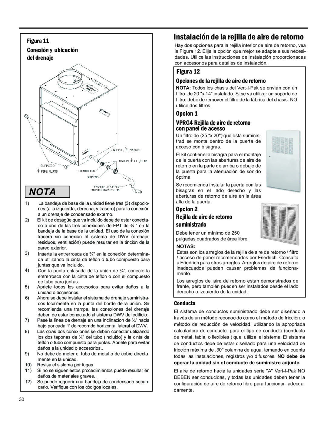 Friedrich 920-075-13 (1-11) Instalación DE LA Rejilla DE Aire DE Retorno, Opcion Rejilla DE Aire DE Retorno Suministrado 