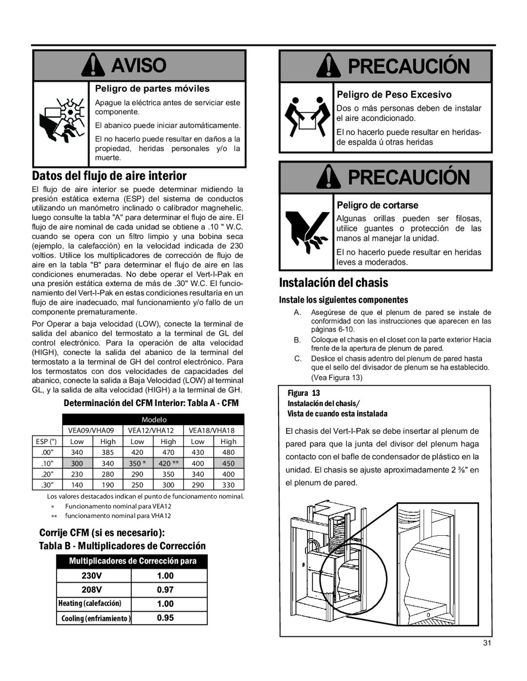 Friedrich 920-075-13 (1-11) operation manual Datos DEL Flujo DE Aire Interior, Instalación DEL Chasis 