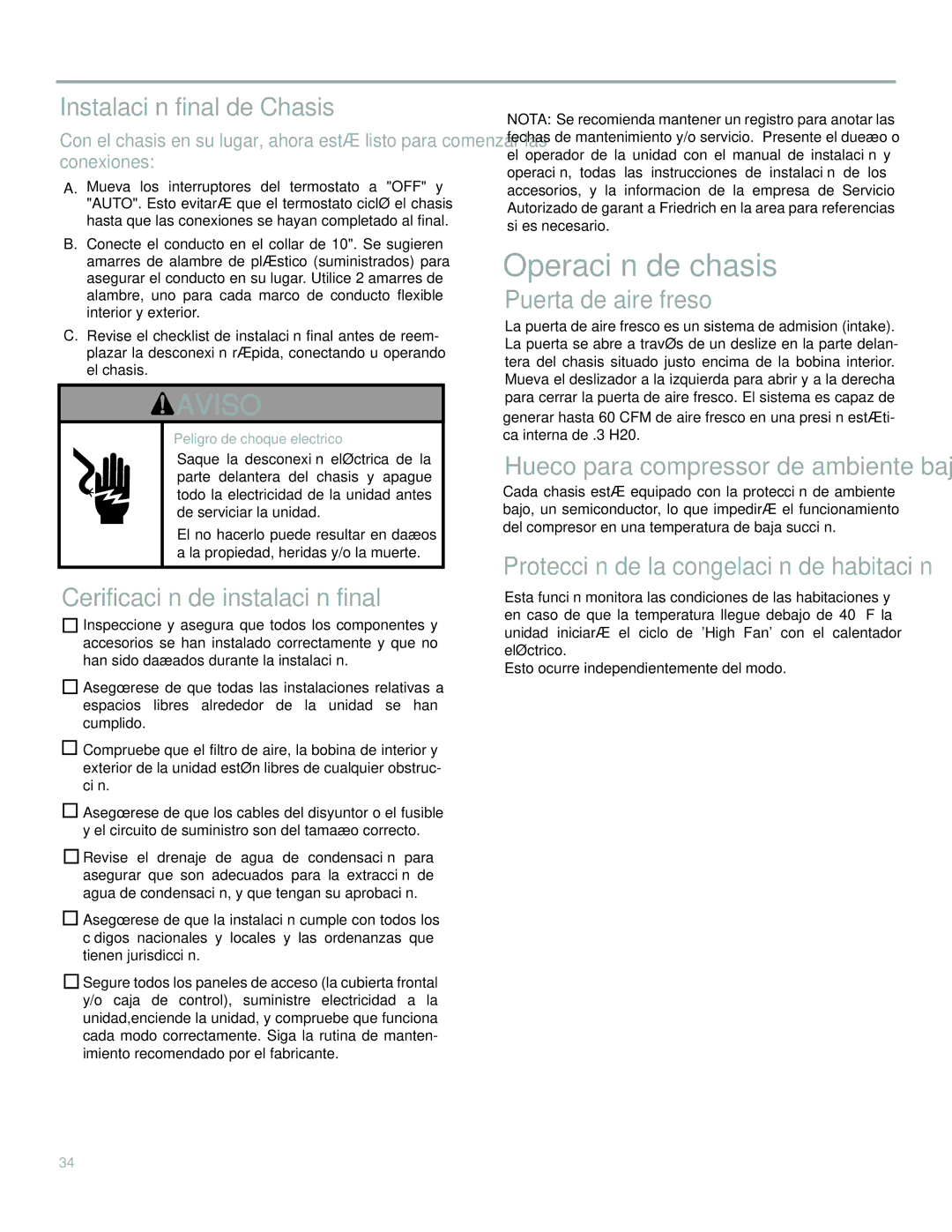 Friedrich 920-075-13 (1-11) operation manual Operación DE Chasis 