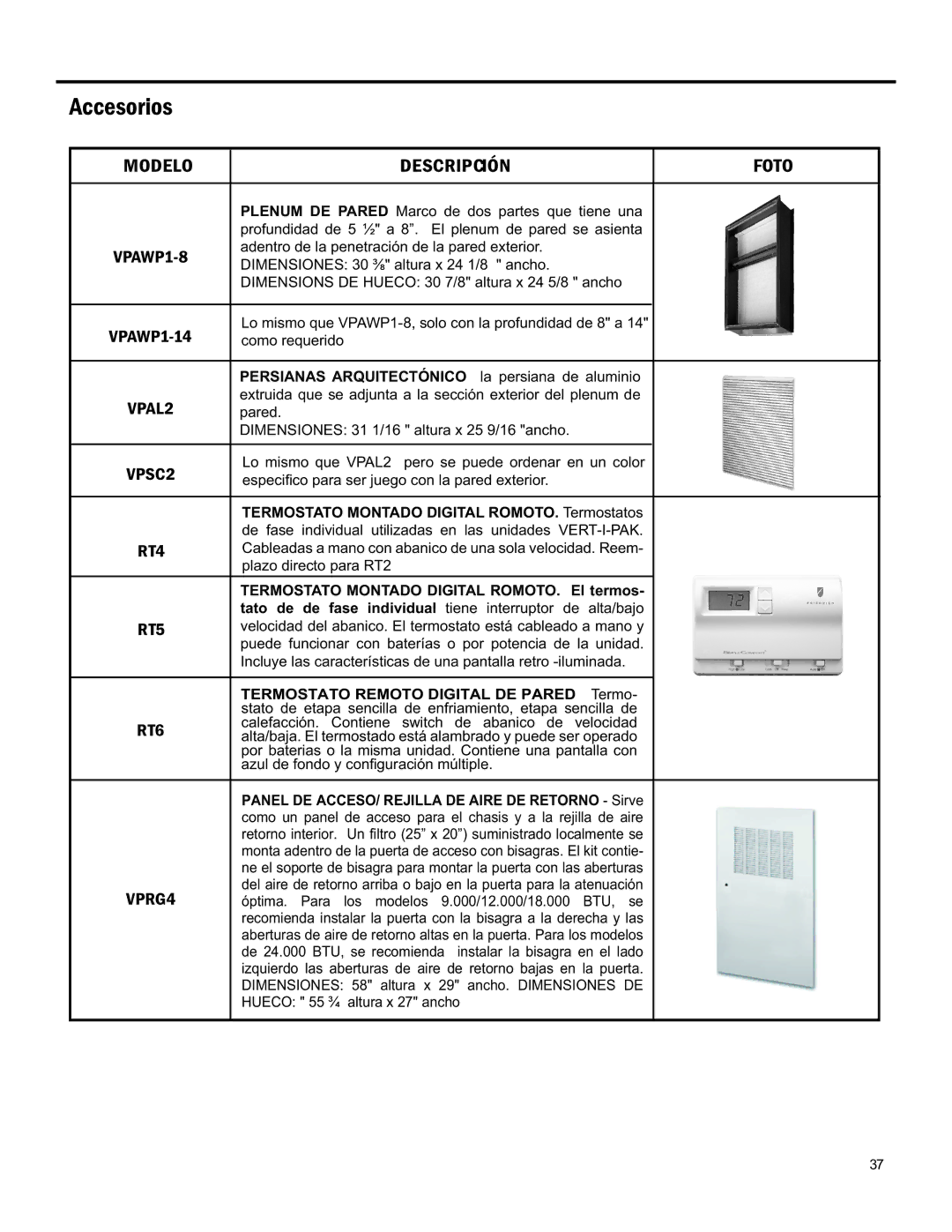 Friedrich 920-075-13 (1-11) operation manual Accesorios, Termostato Montado Digital ROMOTO. El termos 