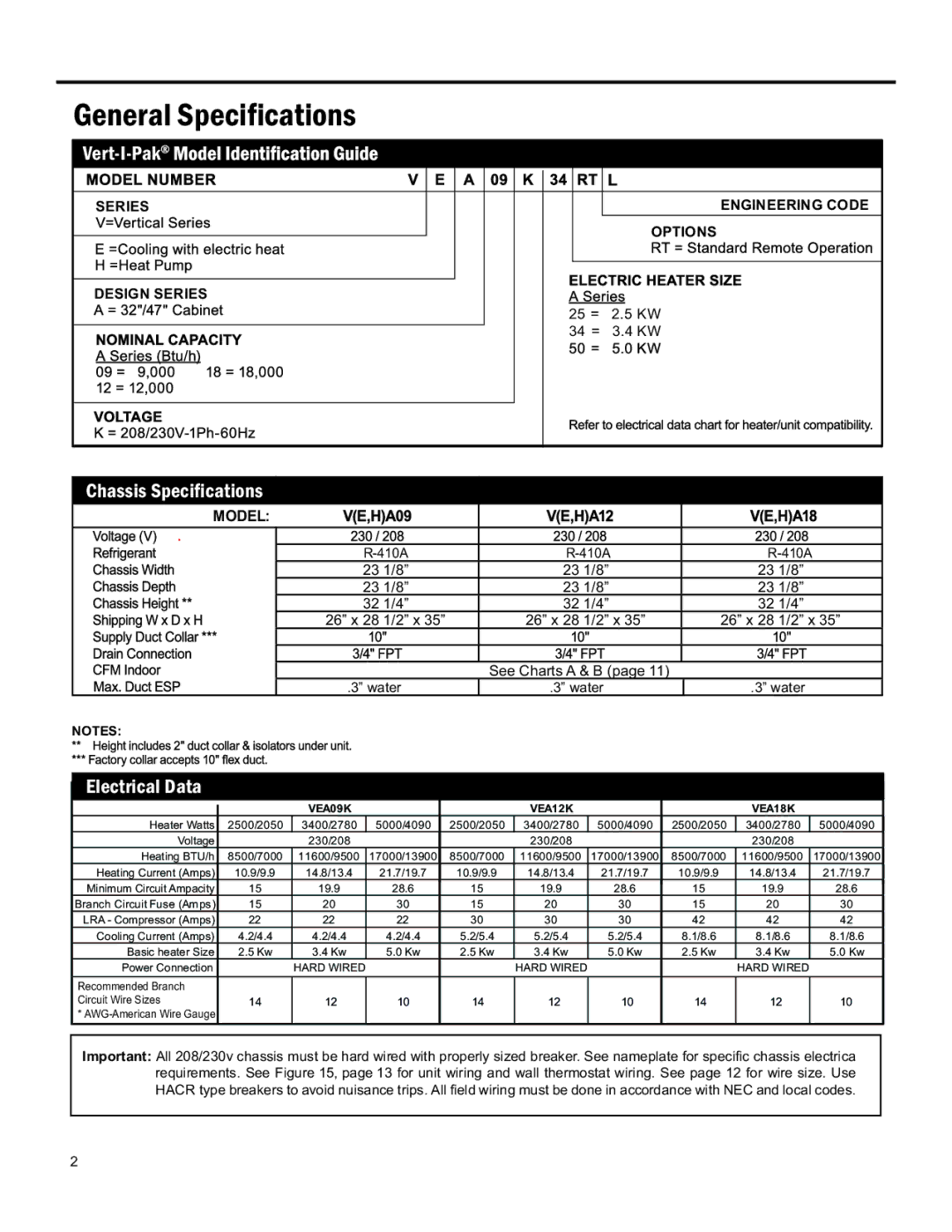 Friedrich 920-075-13 (1-11) operation manual See Charts a & B, 25 = 34 =, Water, Hard Wired Recommended Branch 