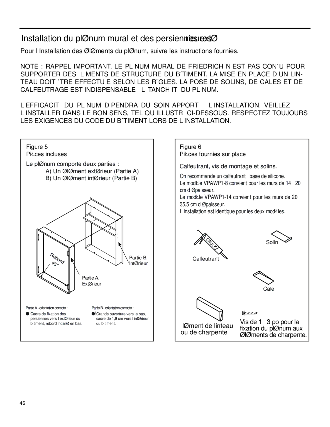 Friedrich 920-075-13 (1-11) operation manual Installation DU Plénum Mural ET DES Persiennes Extérieures, Calfeutrant Cale 