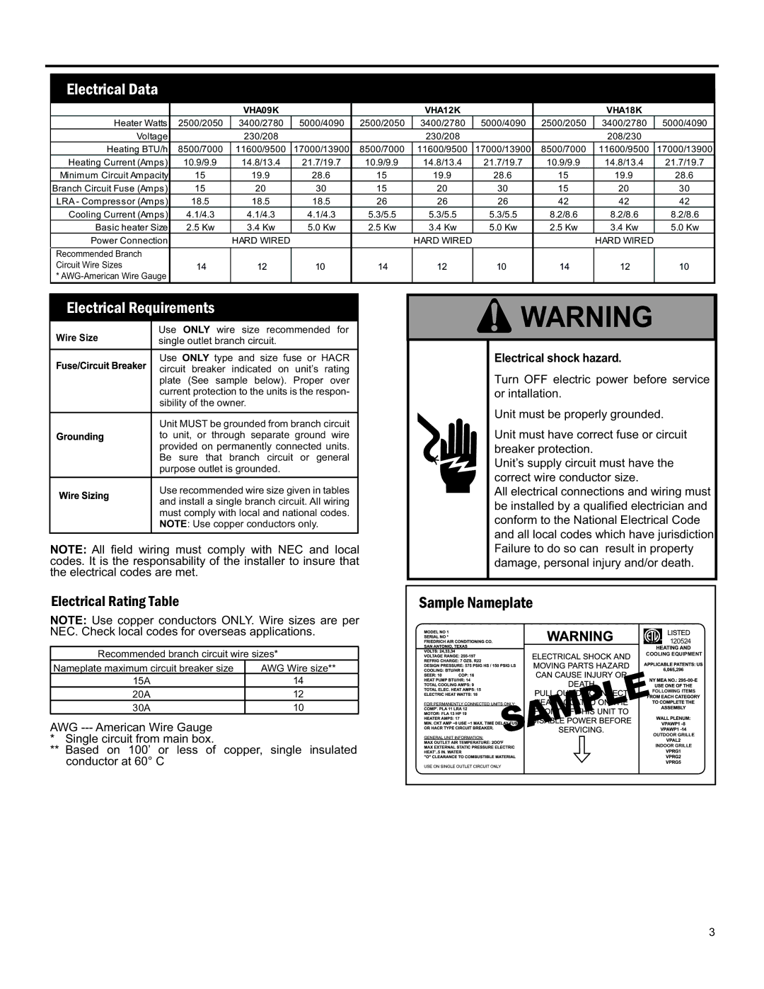 Friedrich 920-075-13 (1-11) operation manual Electrical shock hazard, Or Intallation Unit Must be Properly Grounded 