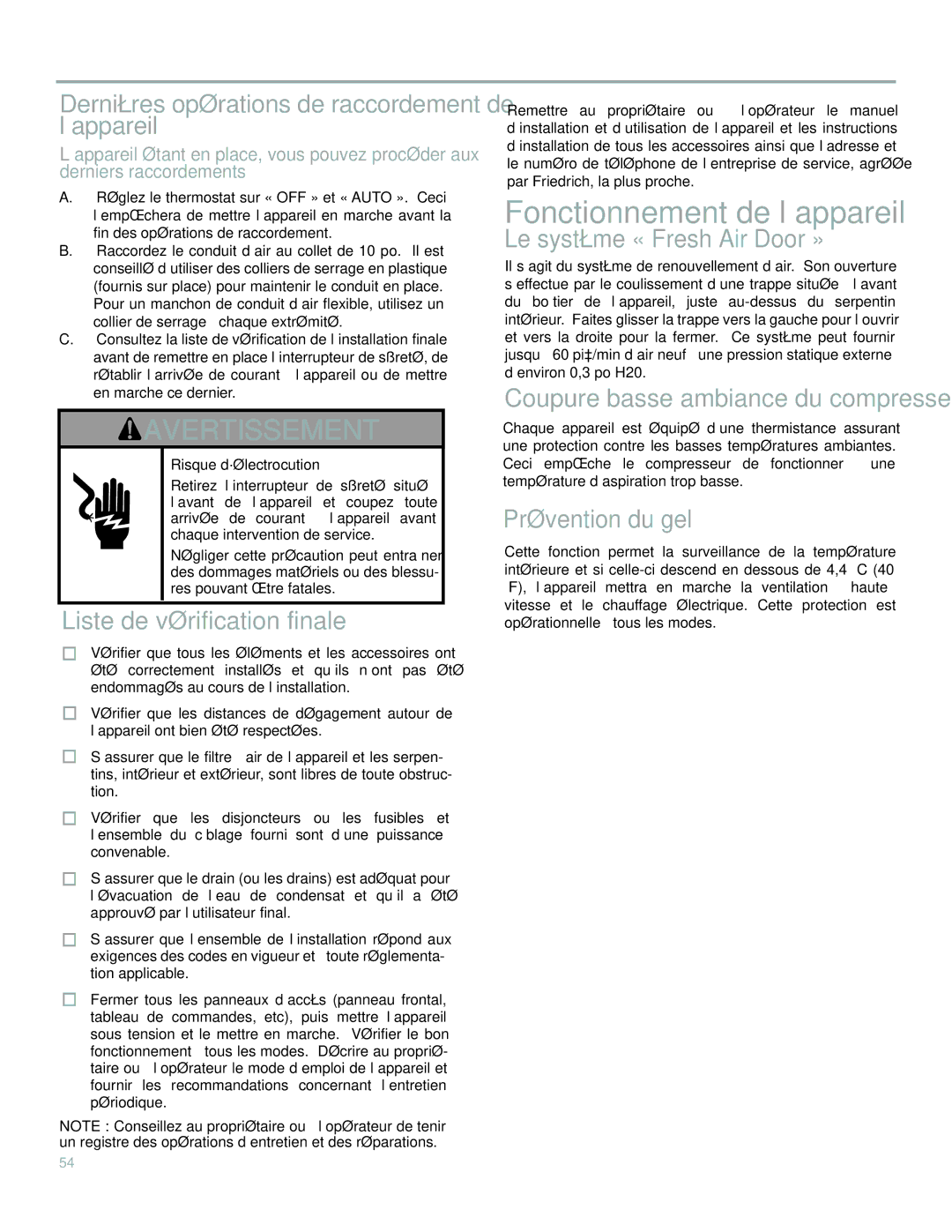 Friedrich 920-075-13 (1-11) operation manual Fonctionnement DE L’APPAREIL 