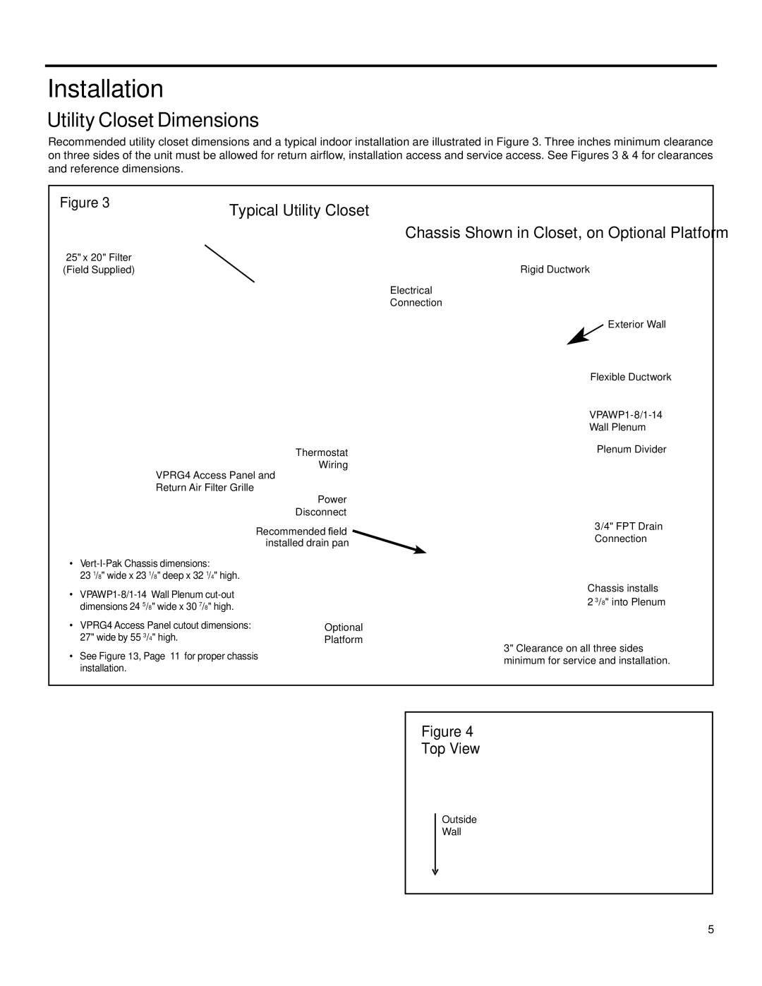 Friedrich 920-075-13 (1-11) operation manual Installation, Utility Closet Dimensions, Typical Utility Closet 