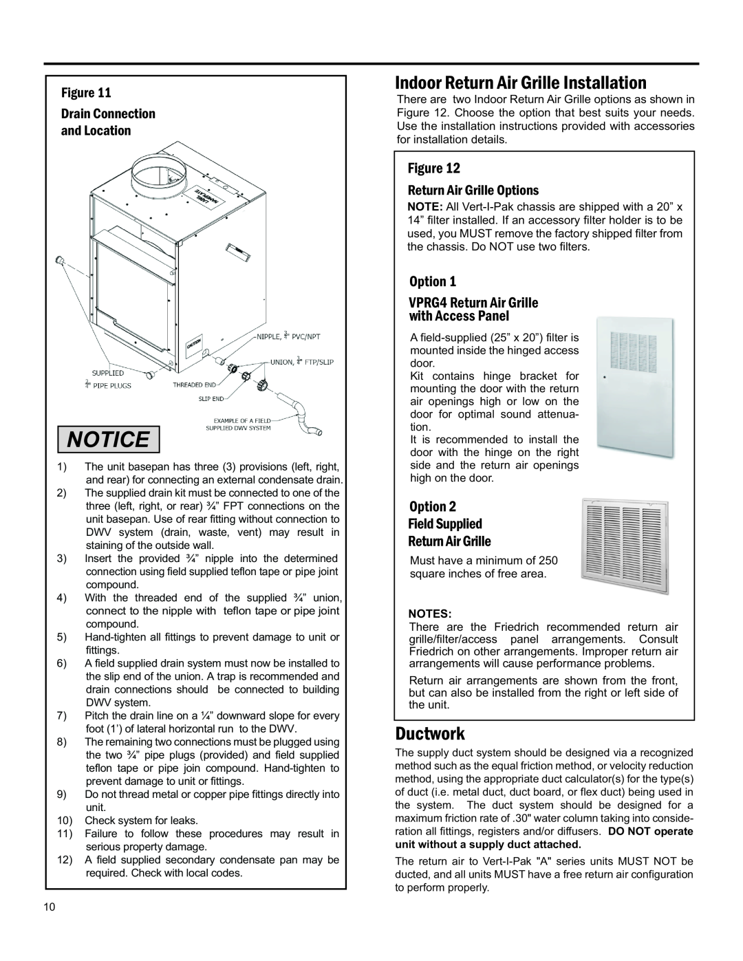 Friedrich 920-075-13 (1-11) operation manual Notice, Indoor Return Air Grille Installation, Ductwork, Notes 