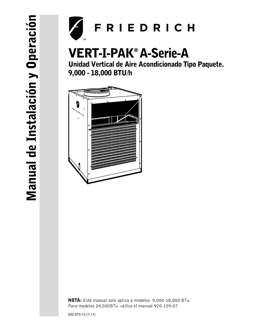 Friedrich 920-075-13 (1-11) operation manual VERT-I-PAK A-Serie-A, Manual de Instalación y Operación 