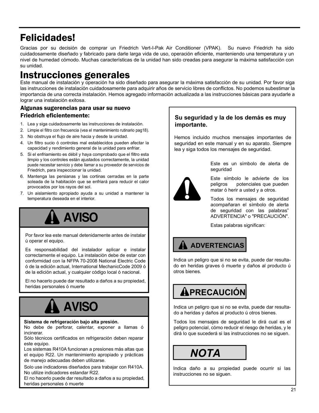 Friedrich 920-075-13 (1-11) operation manual Felicidades, Instrucciones Generales, Nota, Advertencias, Aviso, Precaución 