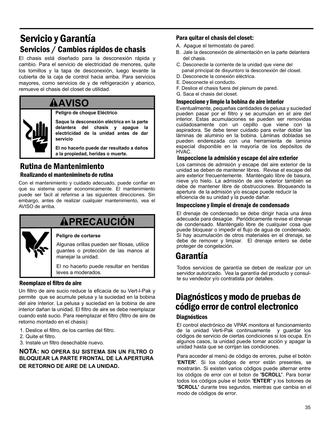 Friedrich 920-075-13 (1-11) Precaución, Servicio Y Garantía, Aviso, Servicios / Cambios Rápidos De Chasis, Quite El Filtro 