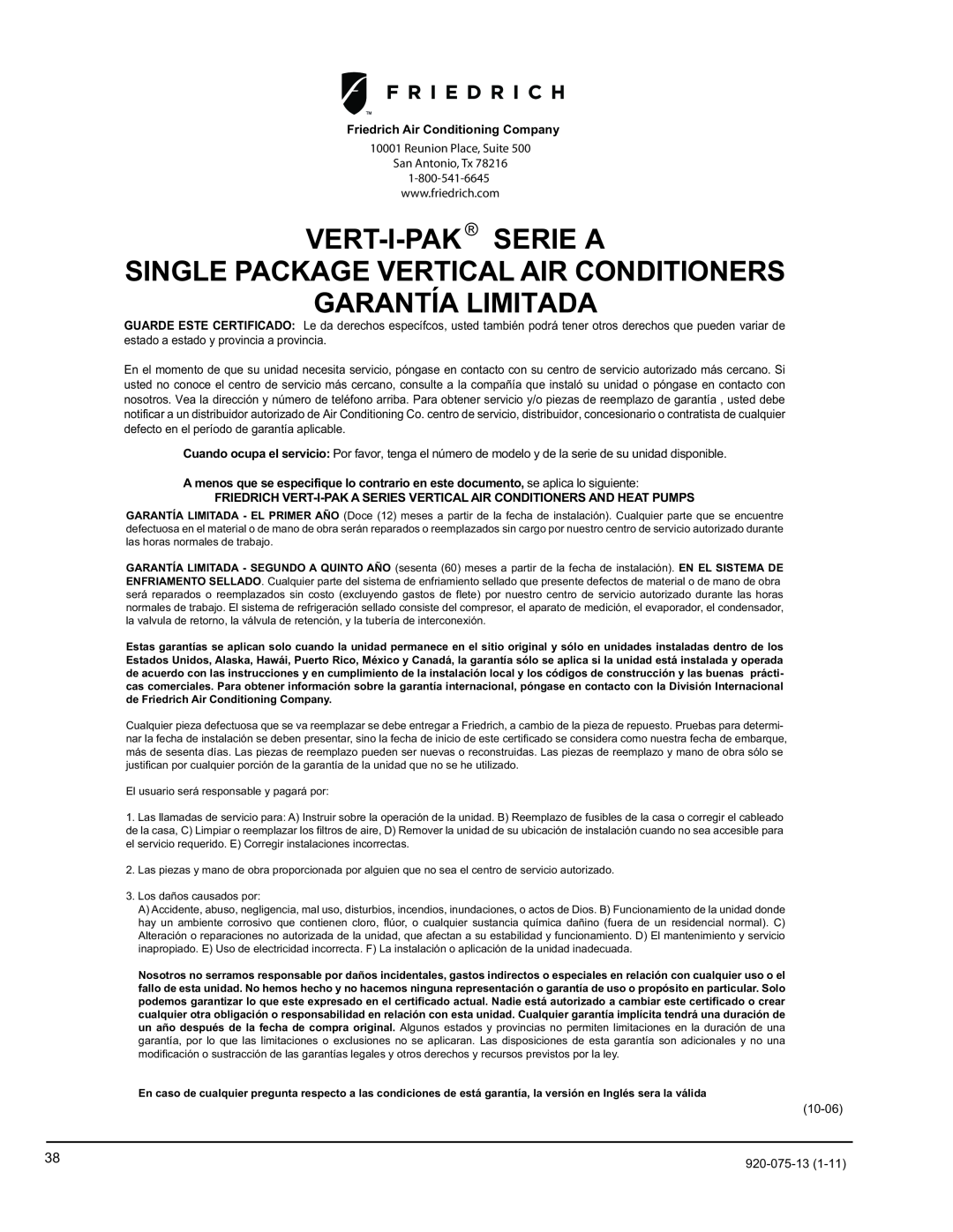 Friedrich 920-075-13 (1-11) Vert-I-Pak Serie A, Garantía Limitada, Single Package Vertical Air Conditioners 