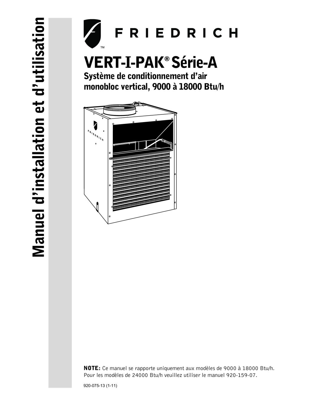 Friedrich 920-075-13 (1-11) operation manual VERT-I-PAK Série-A, Manuel d’installation et d’utilisation 